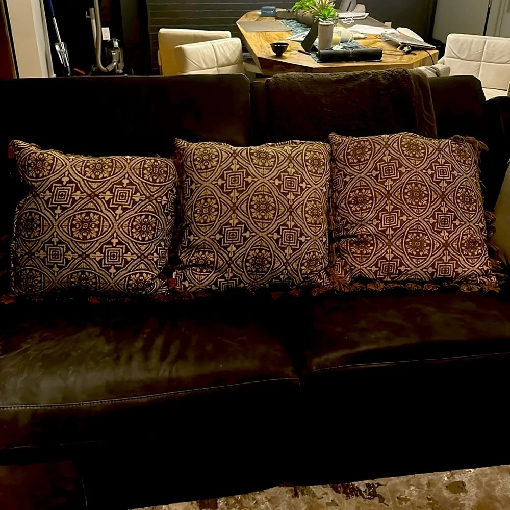 3 designer Arhaus pillow covers with taupe velvet suede and fringe 22x22 zipper
